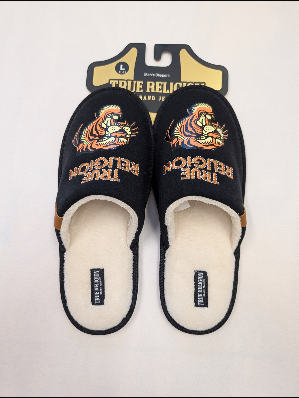True Religion Black Slippers with Orange Tiger Logo